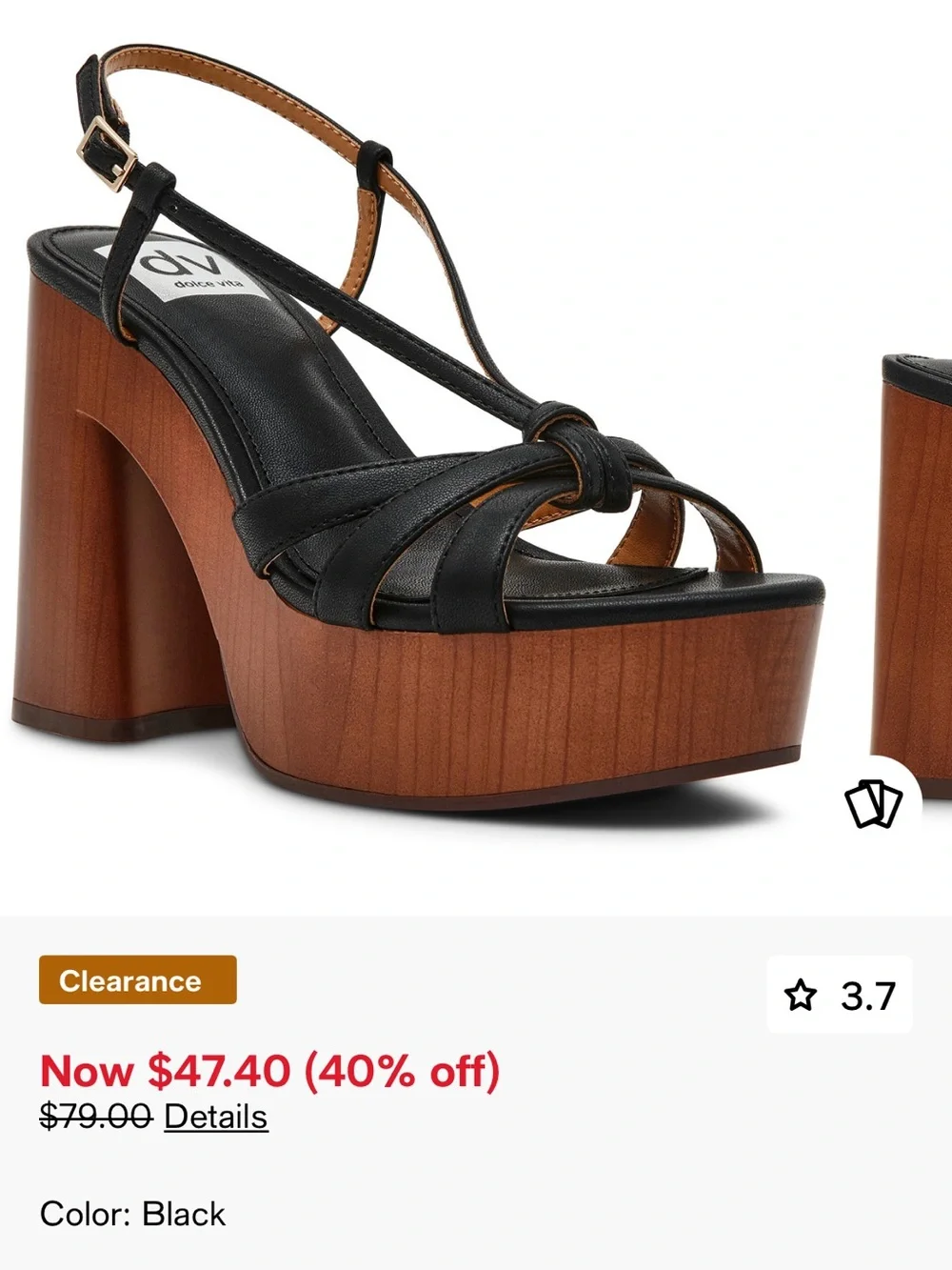 DV by Dolce Vita Black Leather Platform Sandals with Wood-Tone Heel